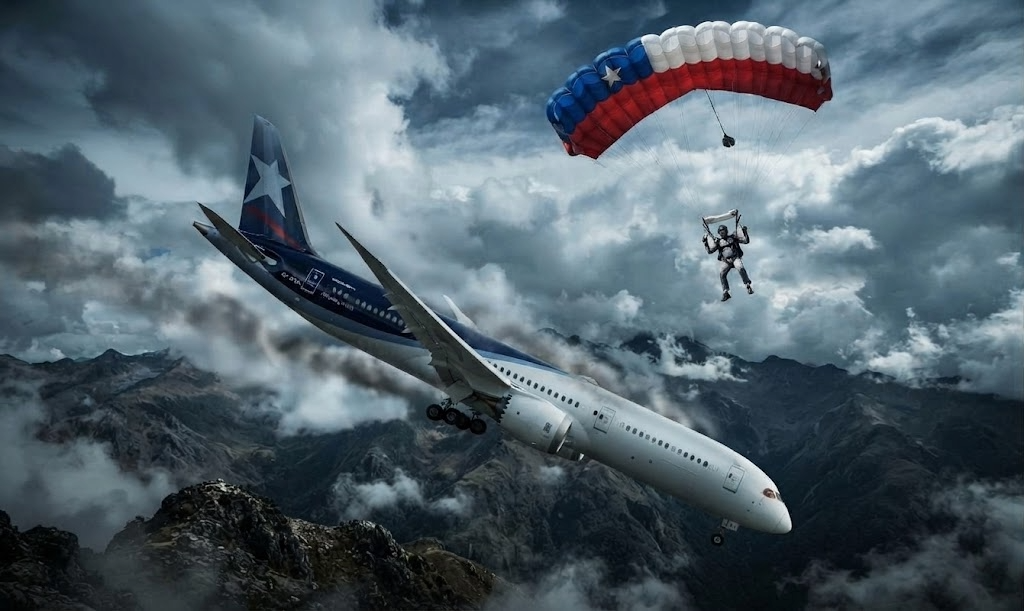 Ilustración de un avión con los colores de Chile cayendo en llamas mientras una persona escapa en paracaídas