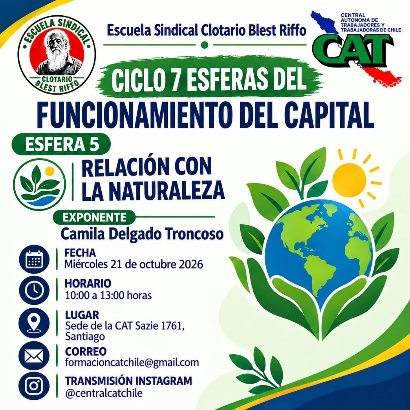 Afiche de la Escuela Sindical Clotario Blest Riffo y la CAT: Ciclo 7 esferas del funcionamiento del capital, Esfera 5 «Relación con la naturaleza», exponente Camila Delgado Troncoso, miércoles 21 de octubre de 2026, 10:00 a 13:00 horas, sede de la CAT, Sazié 1761, Santiago